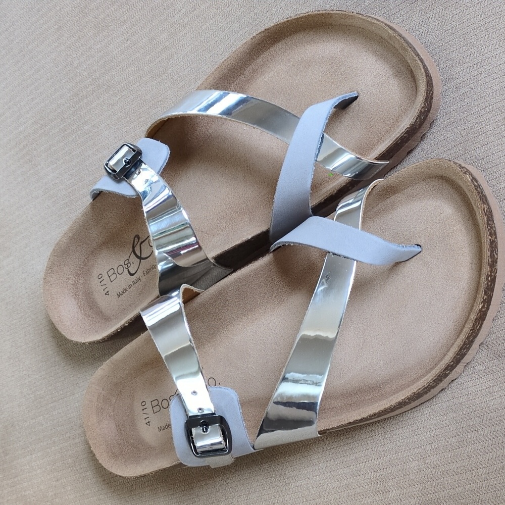 NWOT Bos. & Co. Parr Slip on Sandal in Pearl Nubuck and Silver Mirror Size 41/10